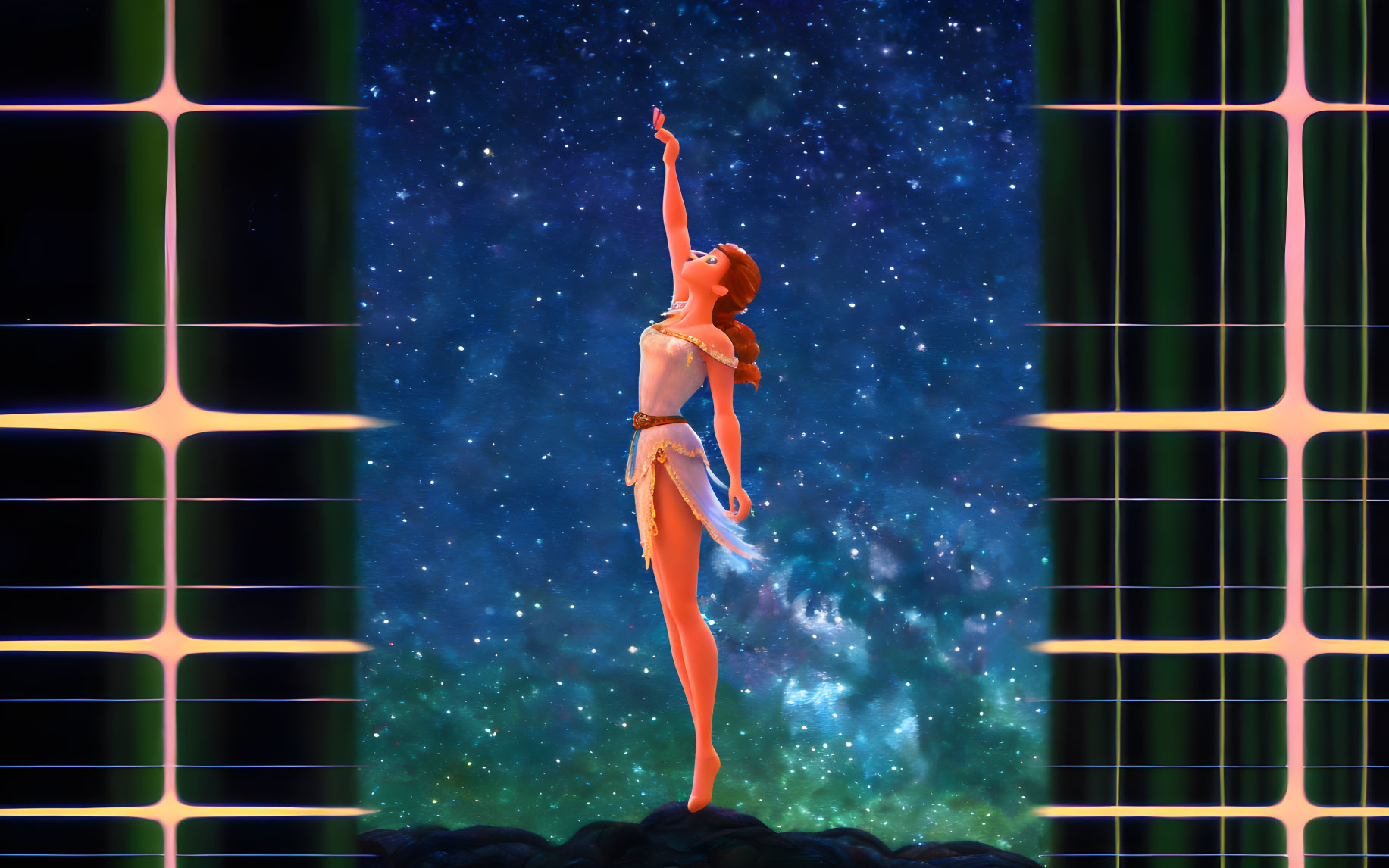 Female figure reaching stars in cosmic backdrop with geometric patterns