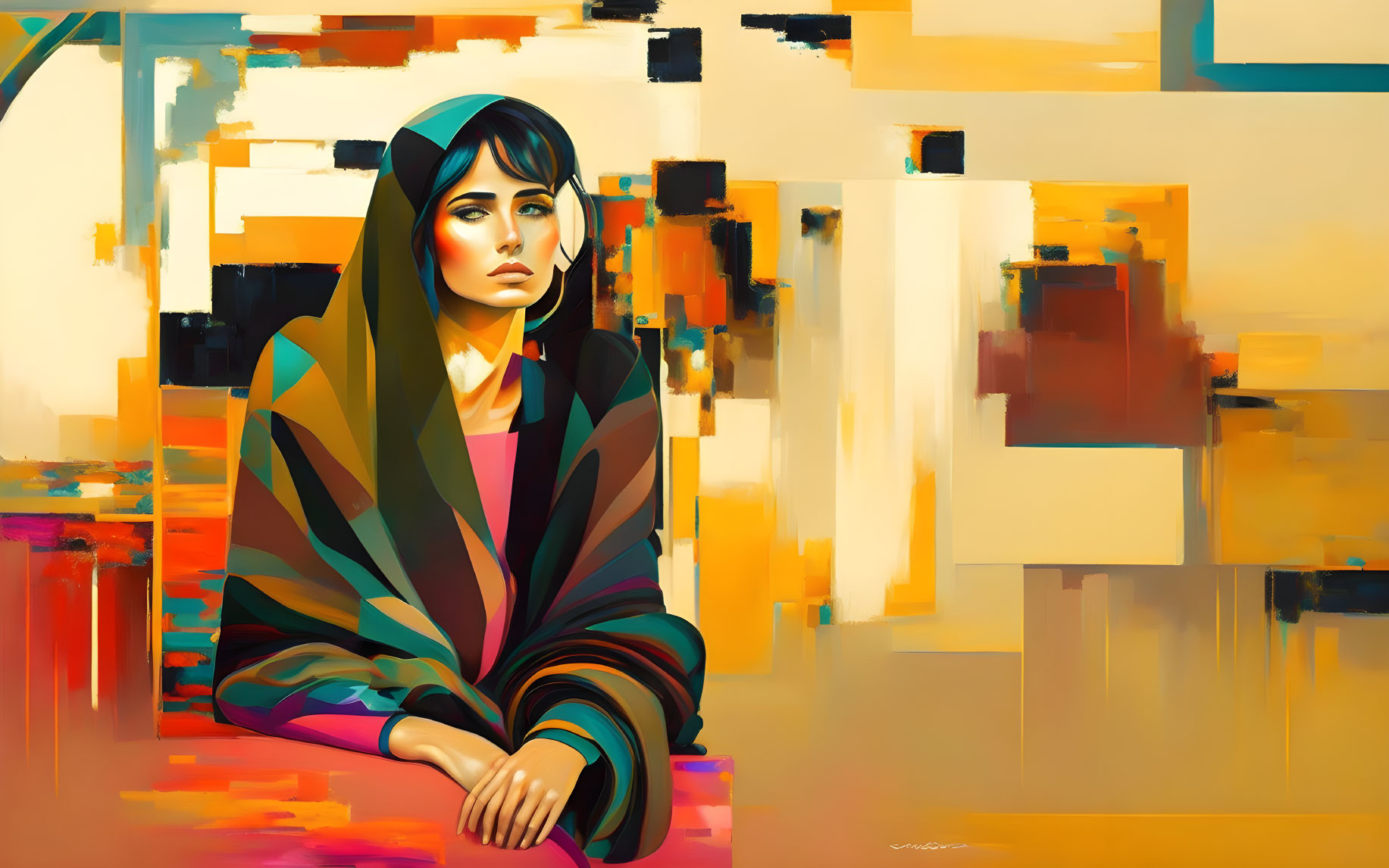 Colorful digital painting of a woman in a multicolored shawl with dark hair on abstract background