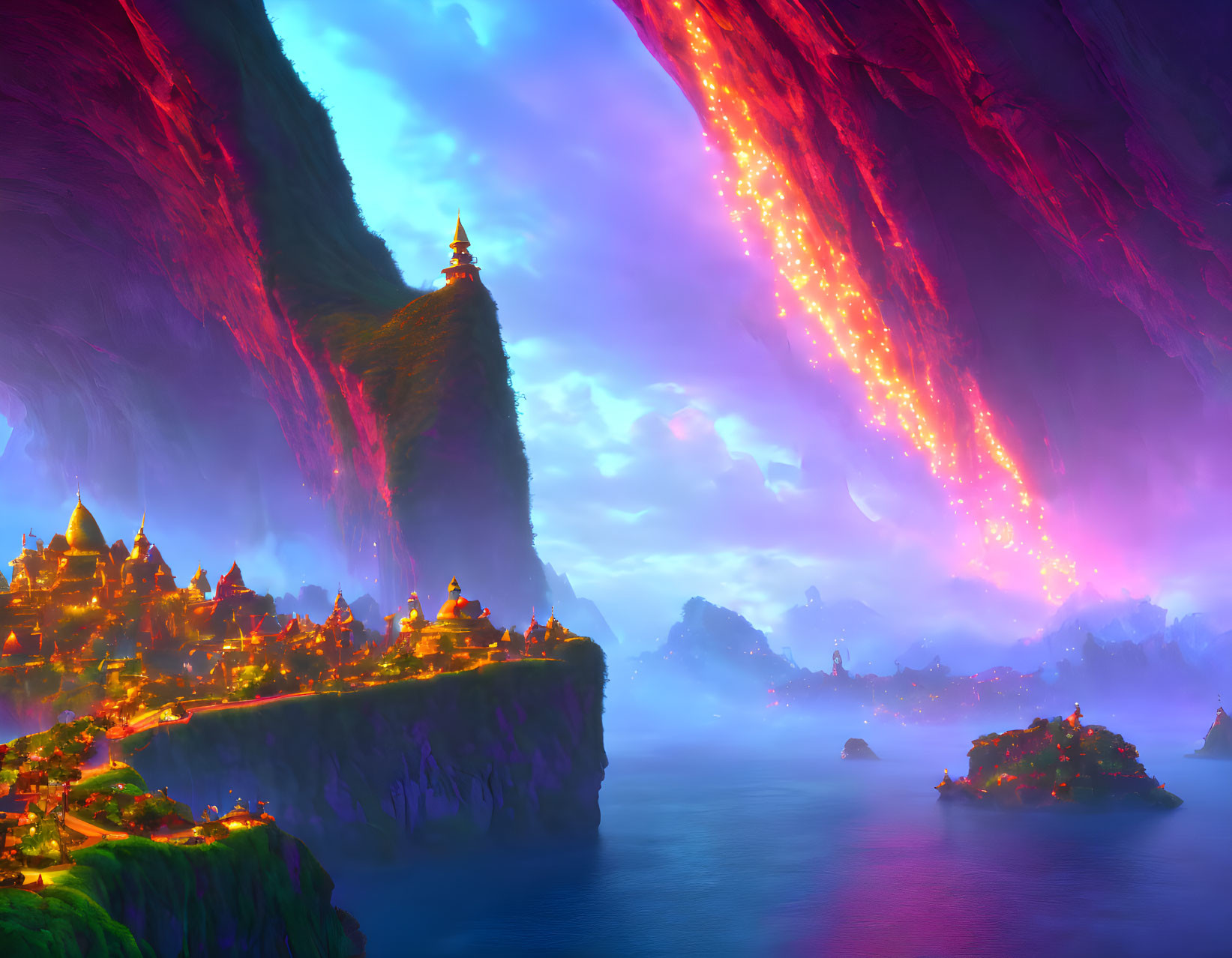 Majestic fantasy landscape with glowing waterfall, twilight city, and purple sky