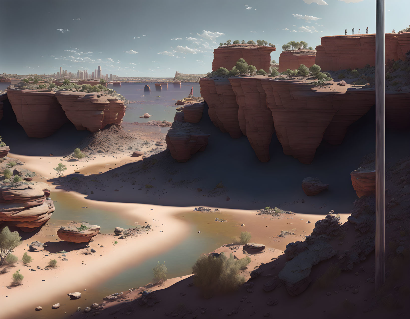 Divided futuristic desert: Red rock formations and advanced cityscape