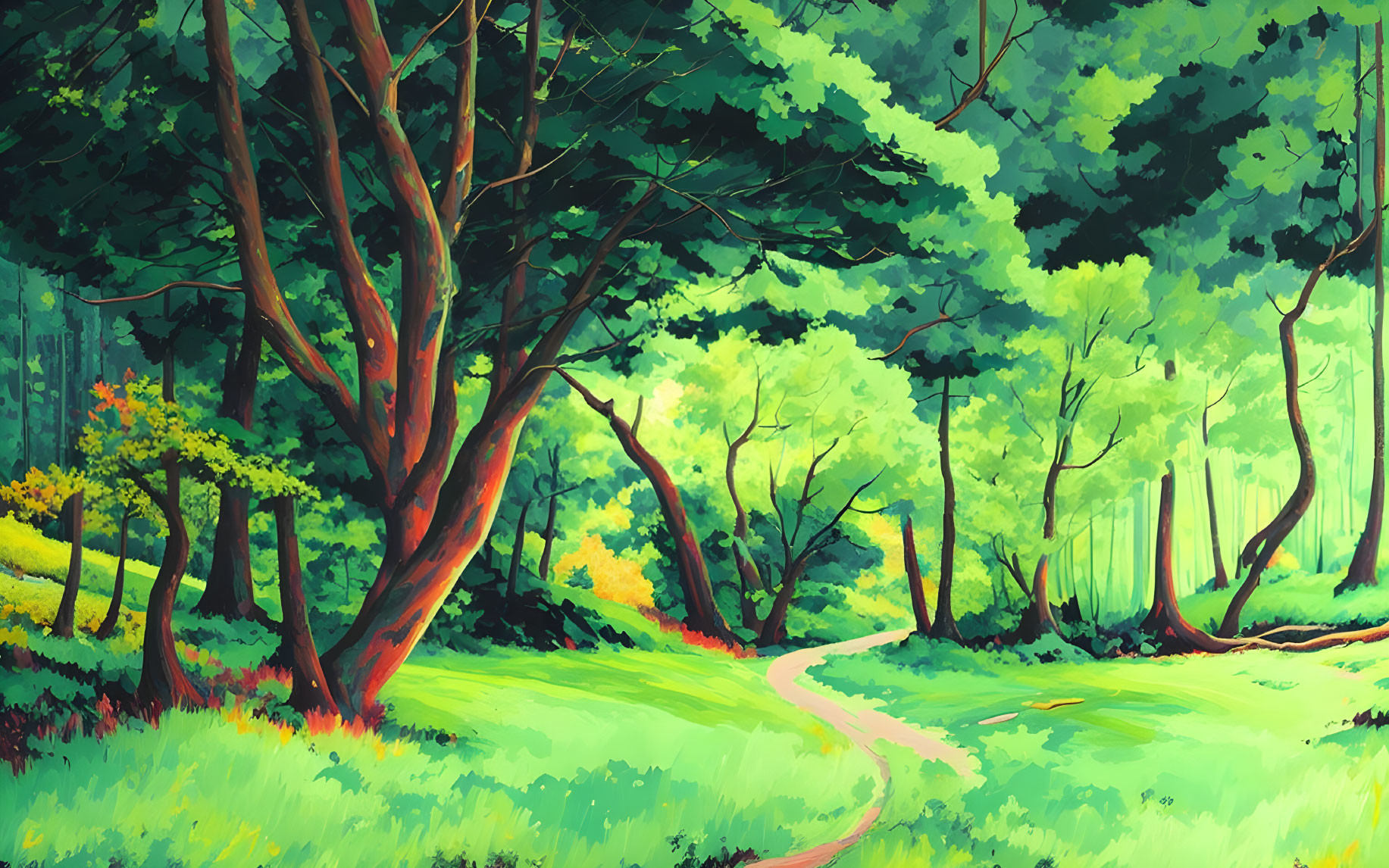 Colorful forest illustration with winding path and lush green foliage