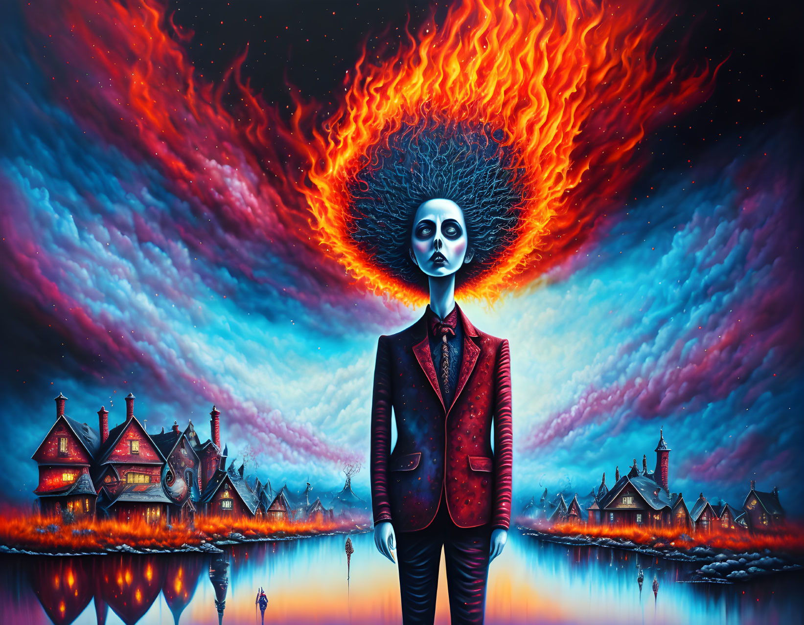 Surreal artwork of figure with flaming head by twilight lake