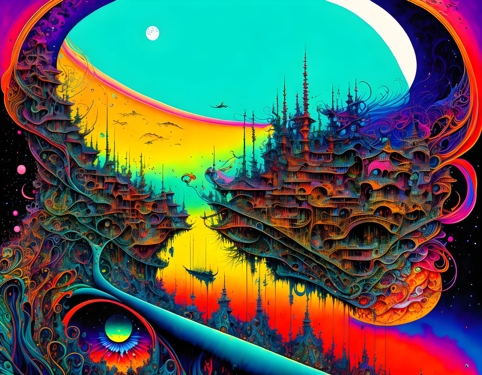 Colorful Psychedelic Landscape with Fantastic Architecture and Two Moons