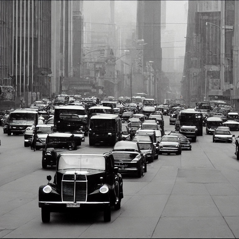 Monochrome cityscape with classic car and modern buildings in haze