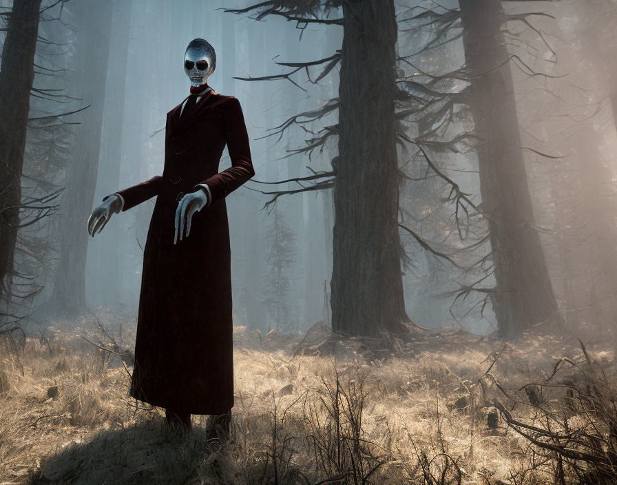 Person in reflective mask and dark coat in misty forest with sunbeams.