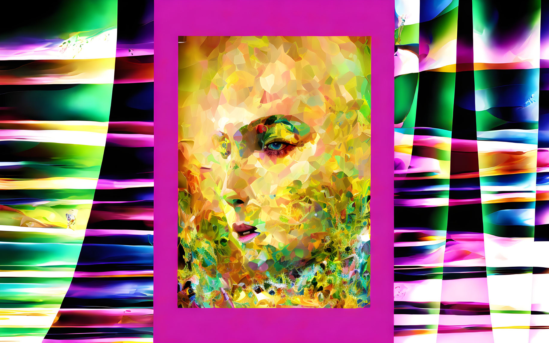 Abstract polygonal woman's face on colorful striped background