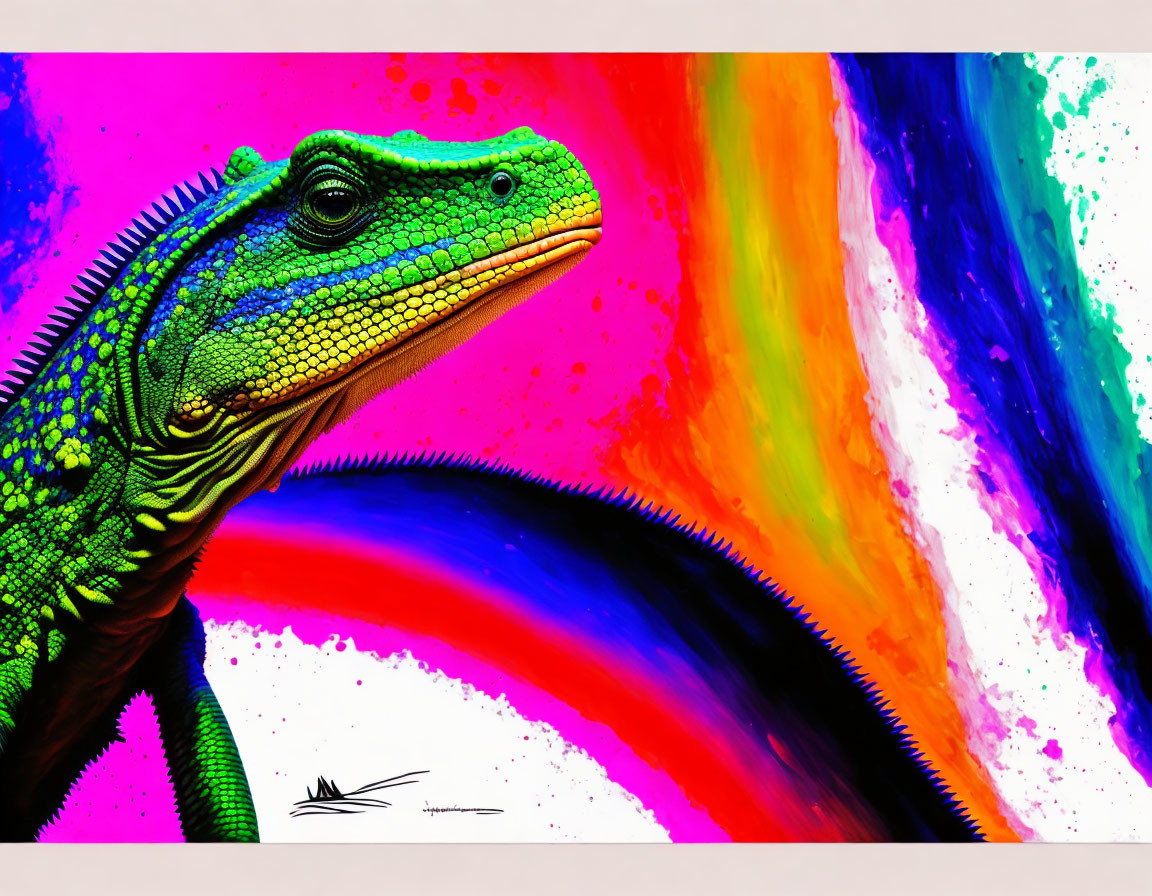 Colorful digital art: Green iguana on abstract backdrop