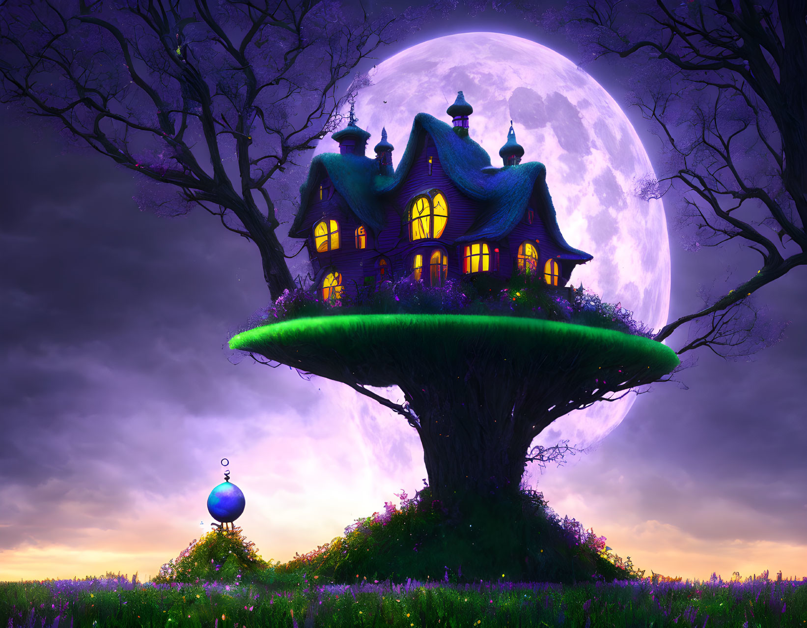 Whimsical house on giant tree under purple moon.