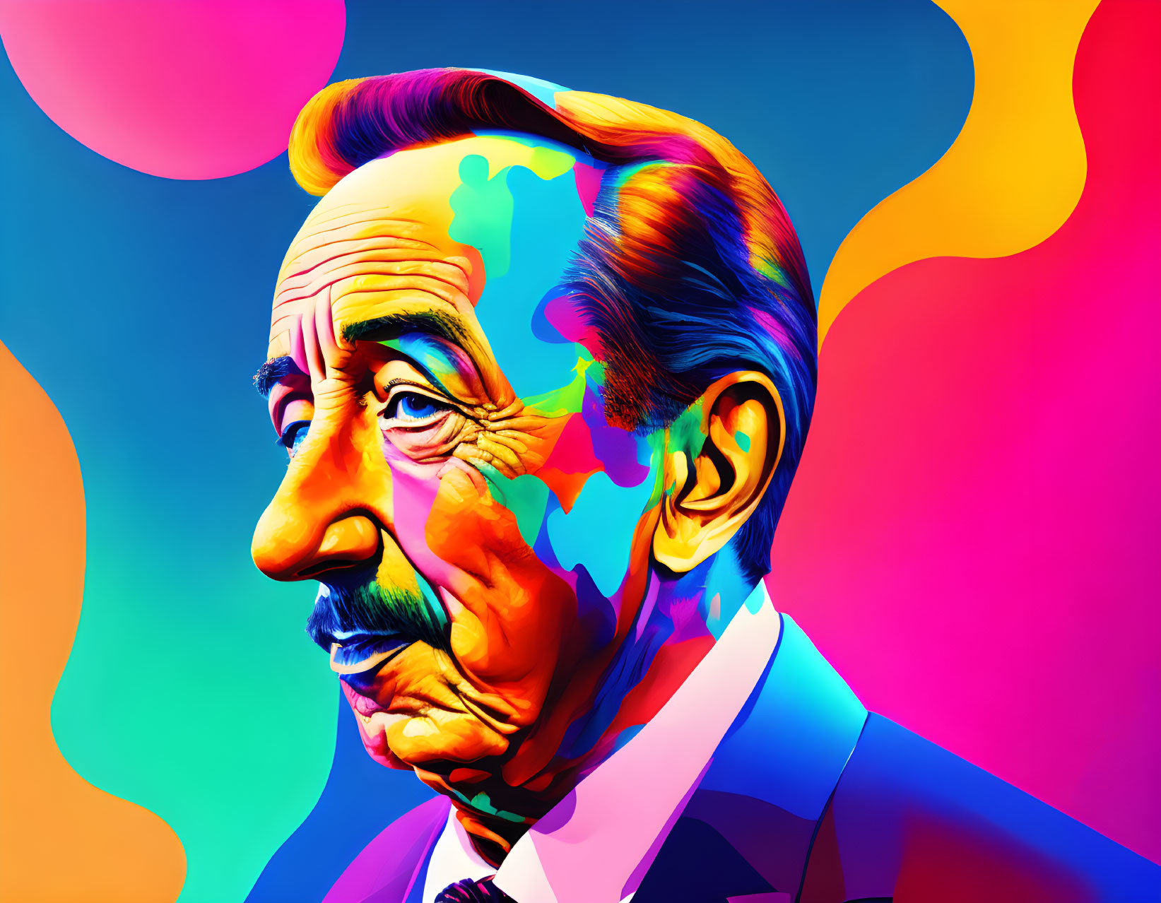 Colorful Salvador Dalí portrait with abstract shapes and psychedelic colors.