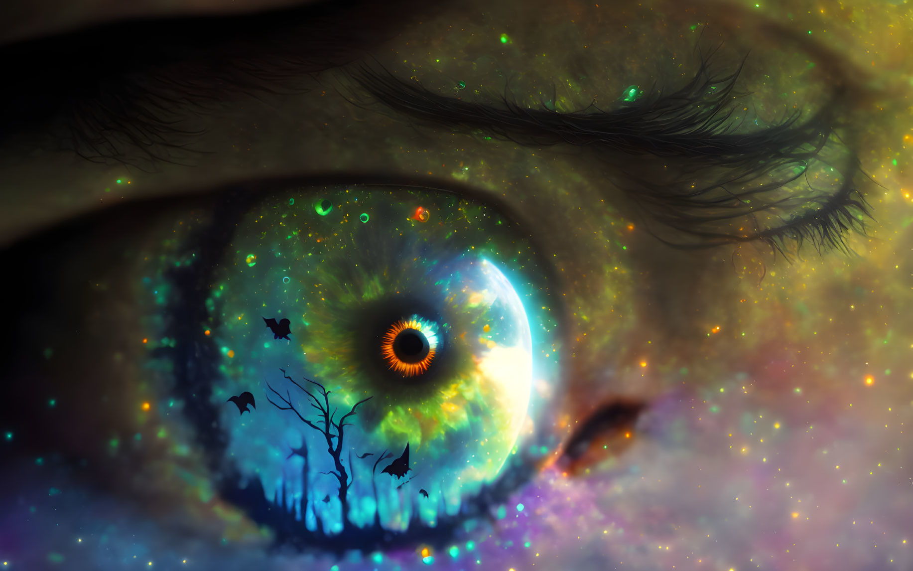 Close-up Digital Artwork: Eye with Cosmic Galaxy Motif