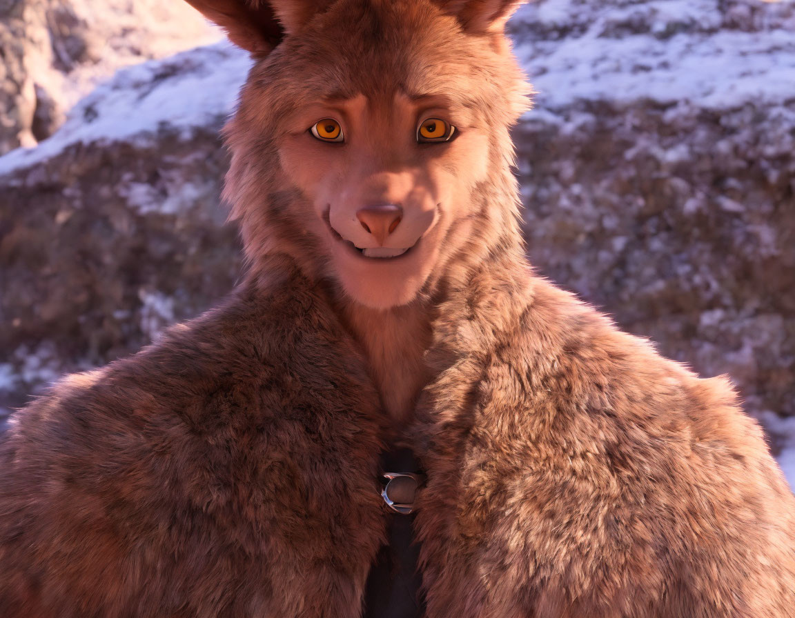 Smiling anthropomorphic fox in snowy 3D animation