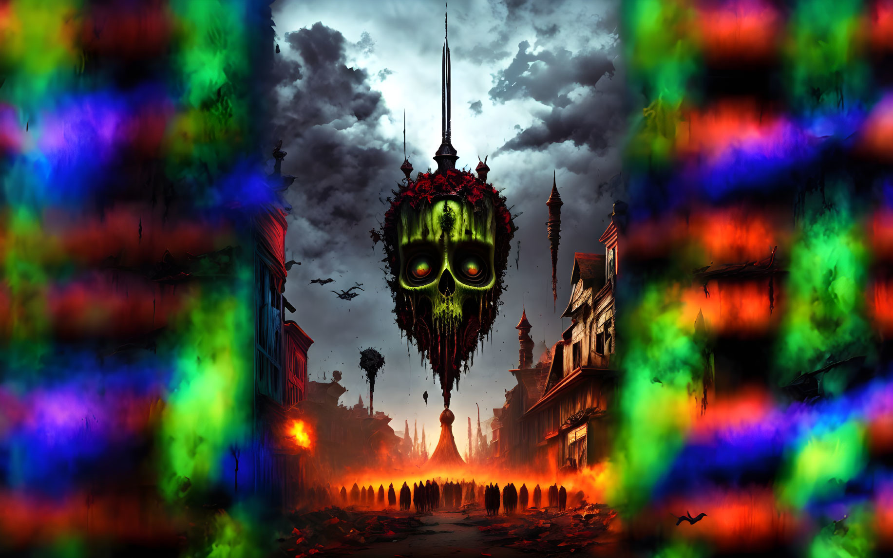 Vibrant surreal landscape with dark mask-like structure and colorful buildings under stormy sky