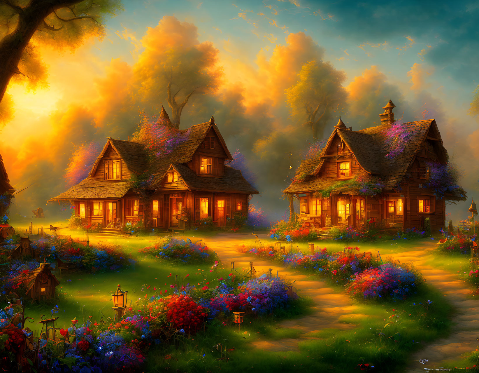 Tranquil rural landscape with cottages, blooming flowers, sunset tree, and warm lights