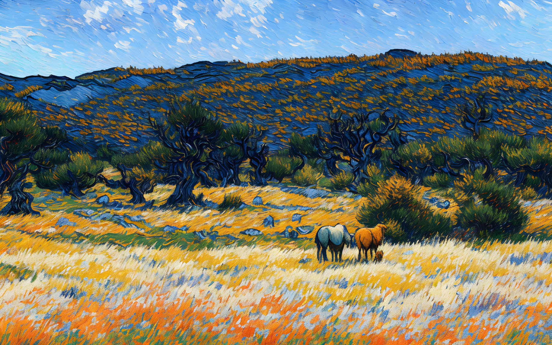 Colorful pastoral landscape painting with grazing sheep and dynamic sky