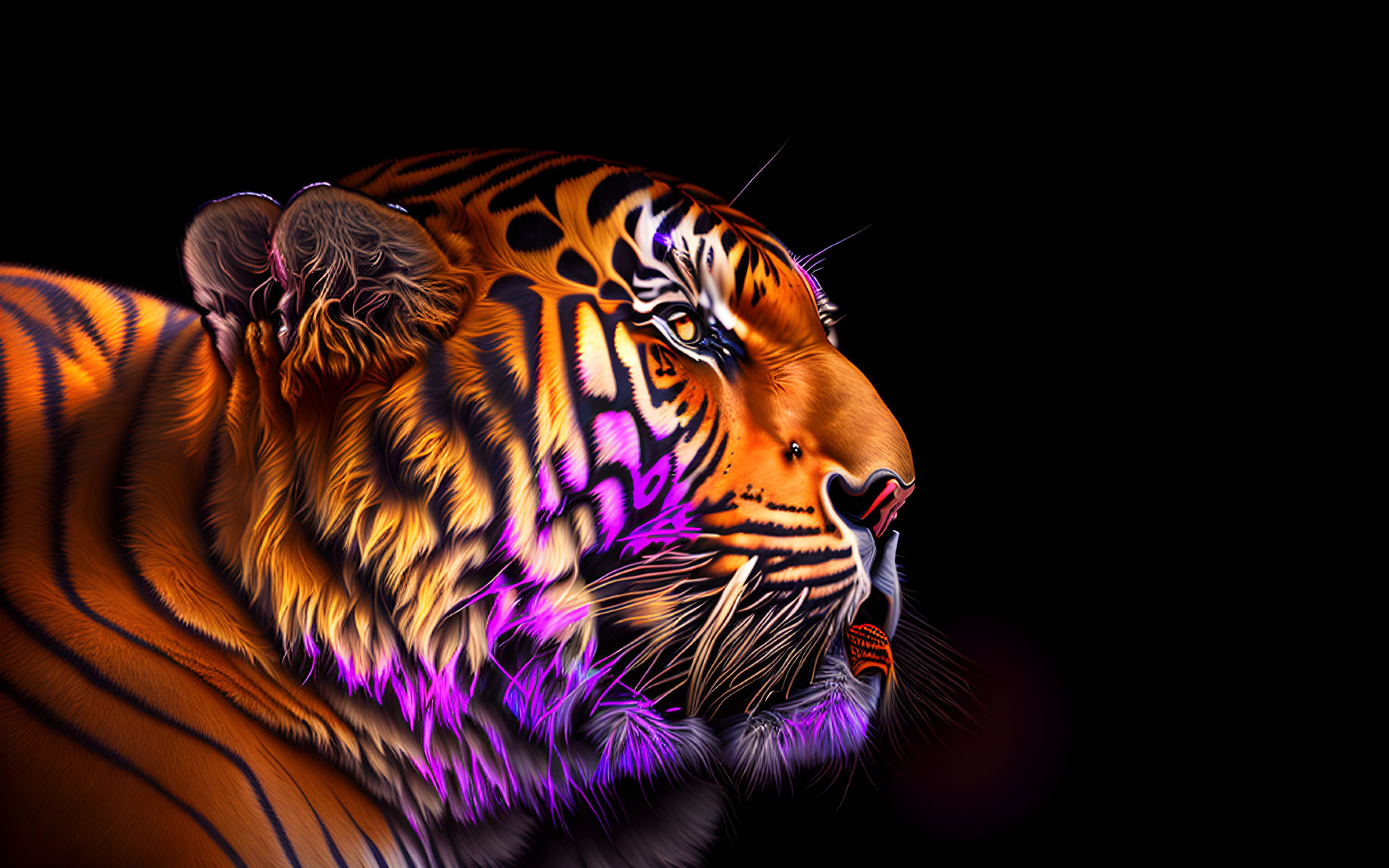 Digital artwork of orange tiger with black stripes and purple aura