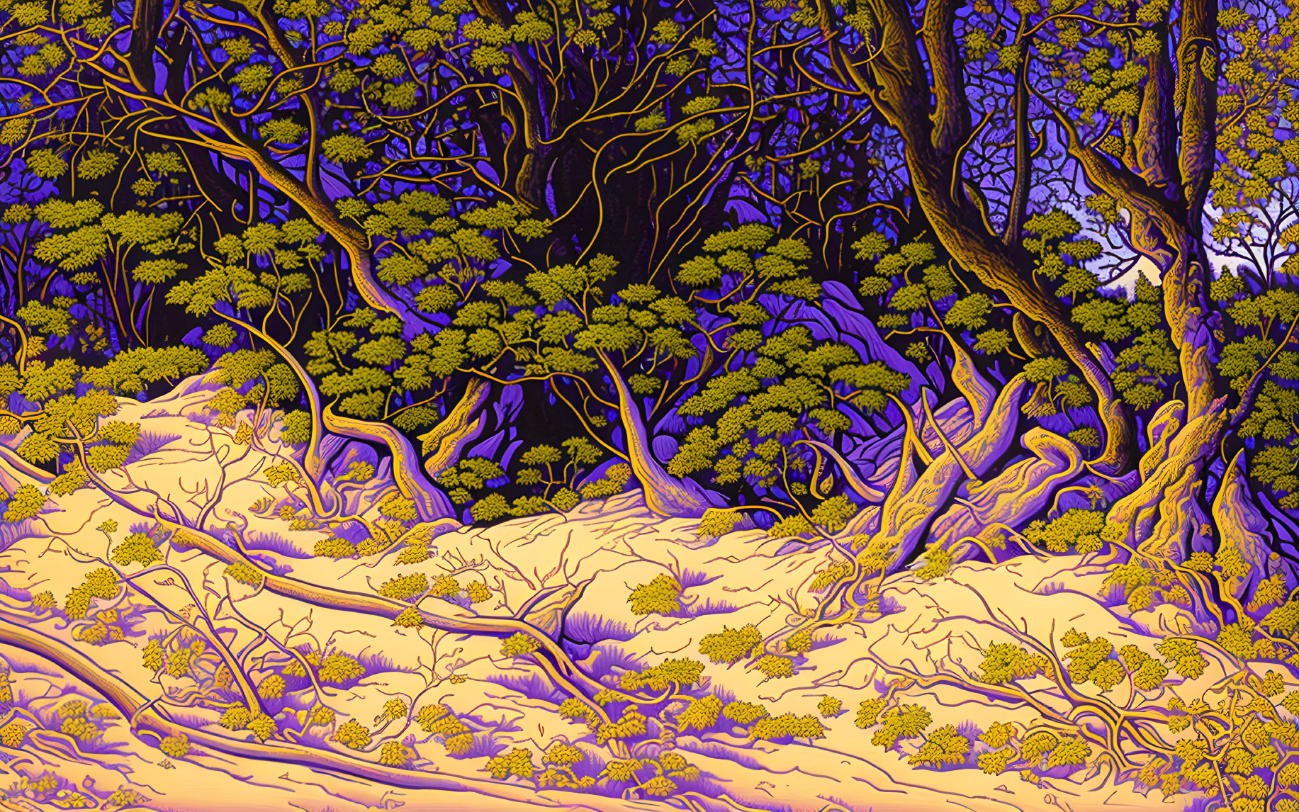 Colorful Night Forest Illustration with Intertwined Trees