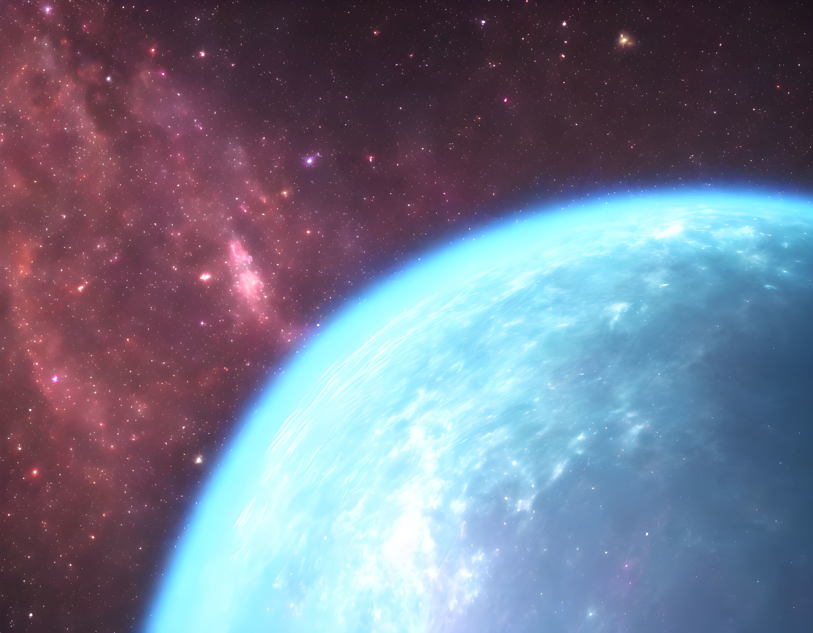 Blue planet's curved horizon in vibrant space scene with starry purple nebula.