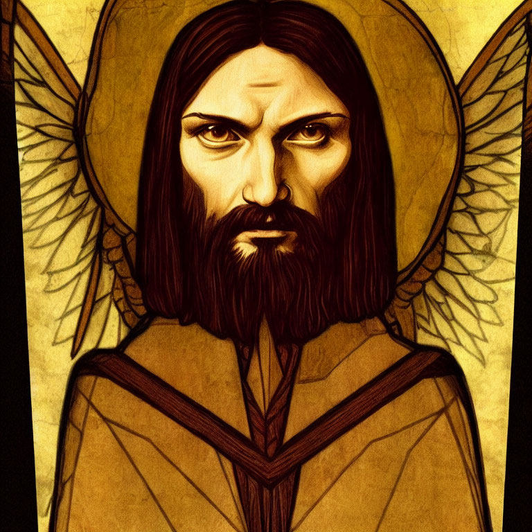 Figure with angelic wings and intense gaze on golden background