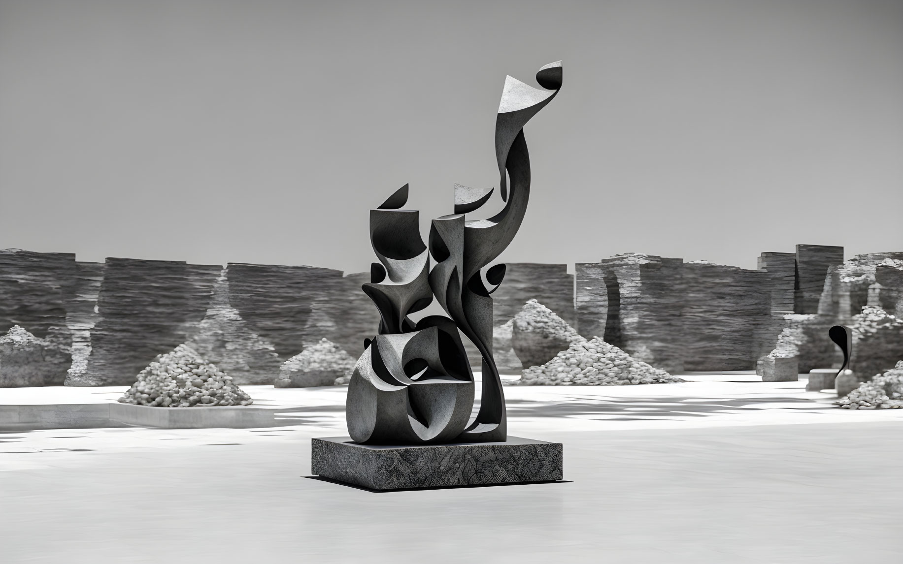 Minimalist black sculpture in grey outdoor scene with geometric stones and gravel piles under cloudy sky