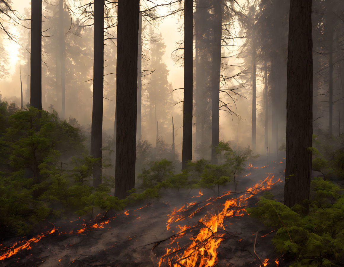 Forest wildfire engulfs tall trees with smoke and flames.