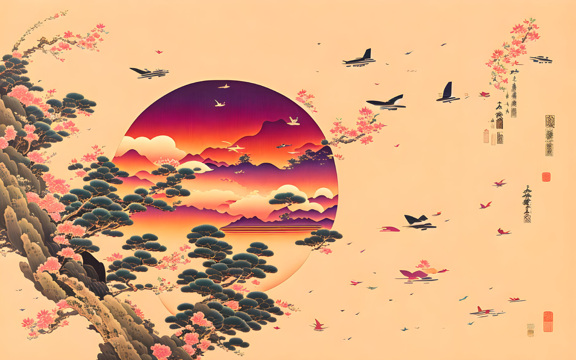 Tranquil landscape with red sun, clouds, birds, blossoming branches, and gentle waters