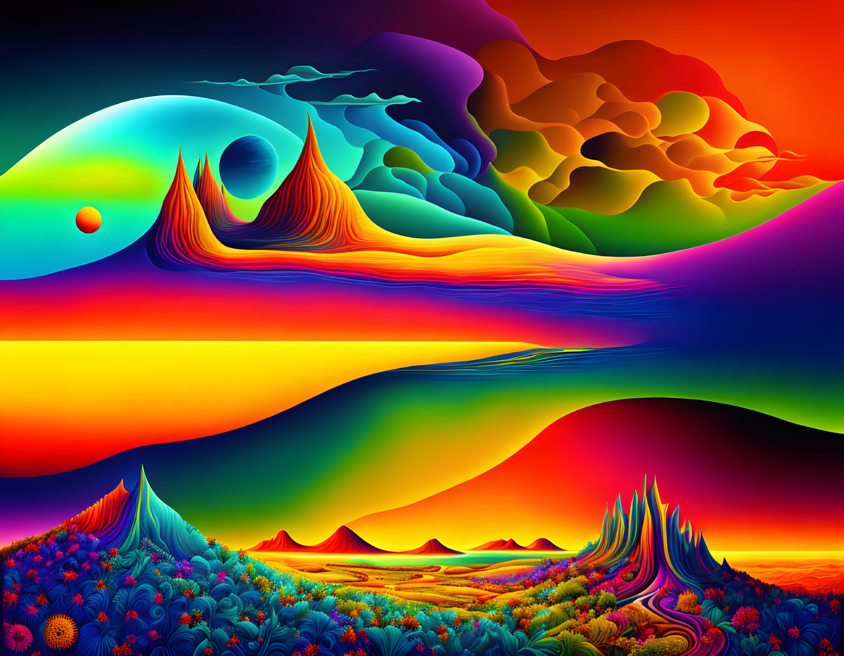 Colorful Psychedelic Landscape with Flowing Contours and Peaks