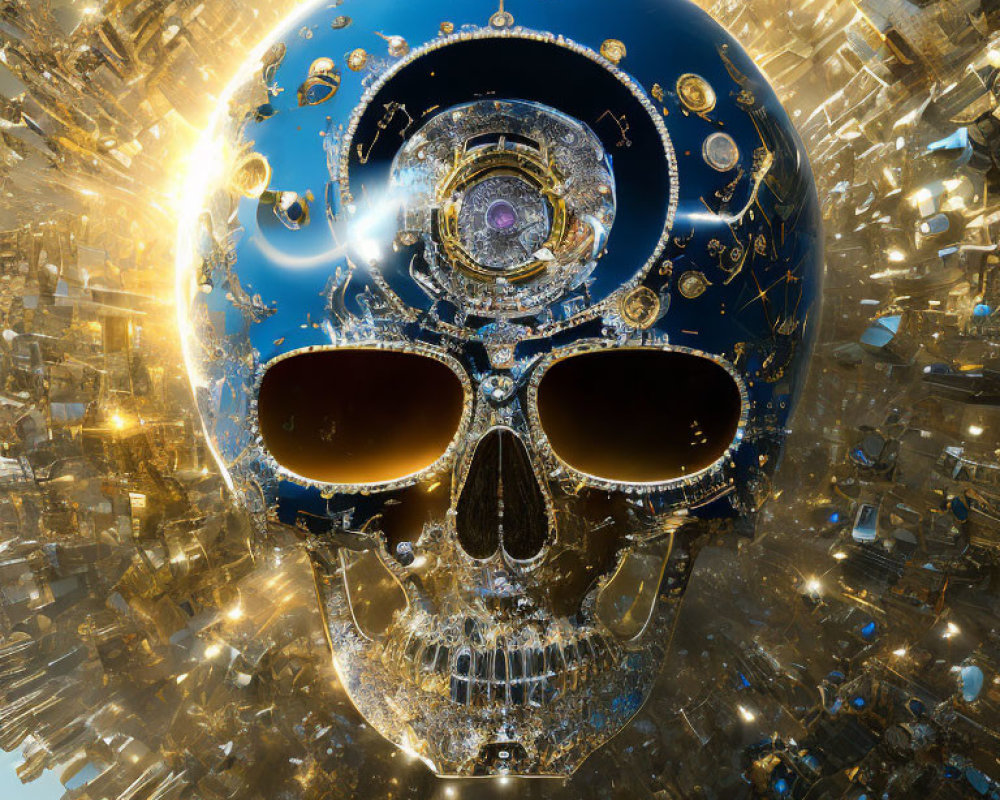 Fractal skull with blue surface and golden clockwork on geometric backdrop