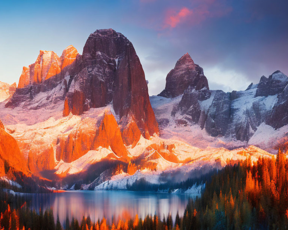 Snow-capped mountain range at sunset with lake and autumn forest