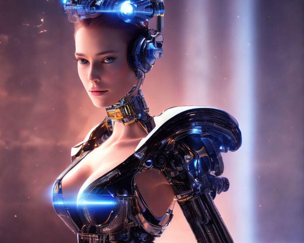 Female Android with Visible Mechanical Structure and Futuristic Blue-lit Headgear