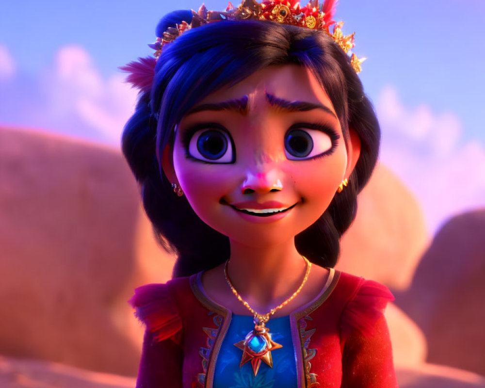 Young princess in tiara smiles in 3D desert scene.