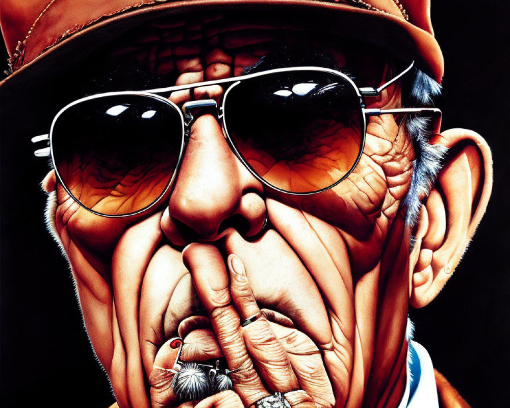 Detailed illustration: Elderly man in red cap, sunglasses, brown jacket, holding lit cigar.