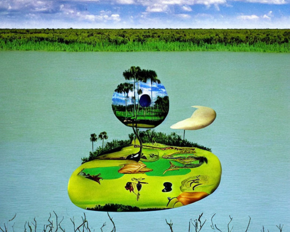 Floating Island Artwork with Diverse Wildlife and Trees in Tropical Scene