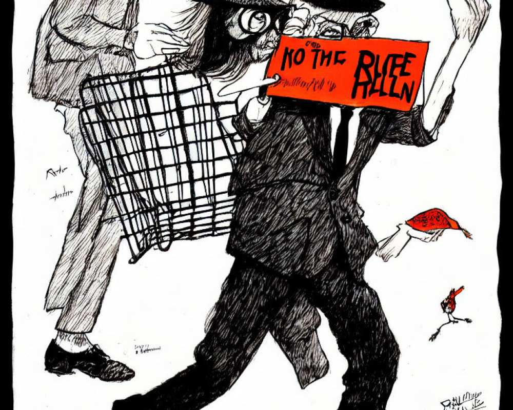 Sketch of Invisible Man masked person with sign "NO TO THE RULE", net, and mischievous