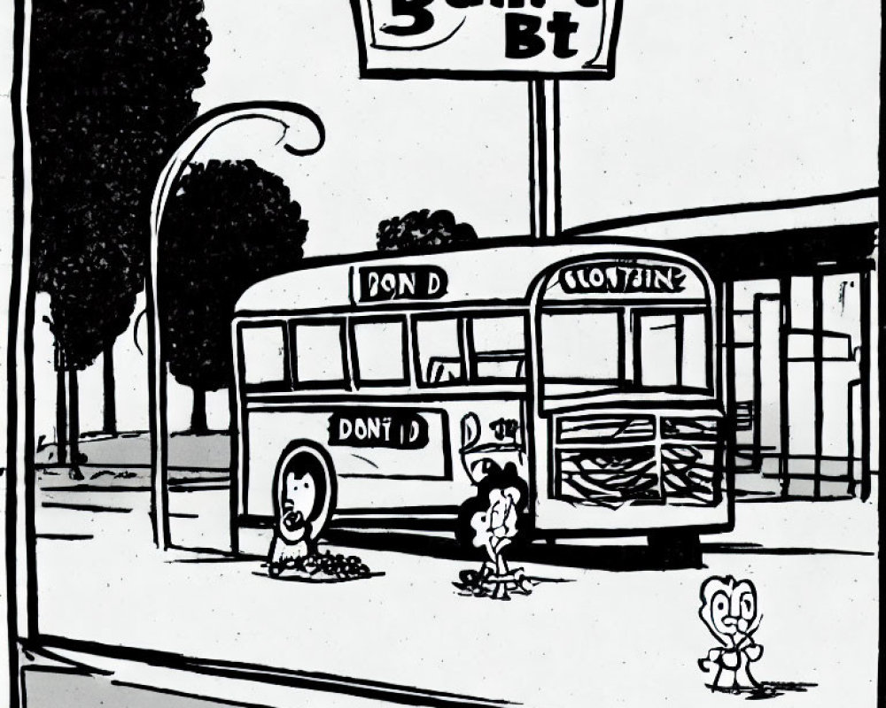 Cartoon of bus stop scene with characters, pedestrian, and labeled buses