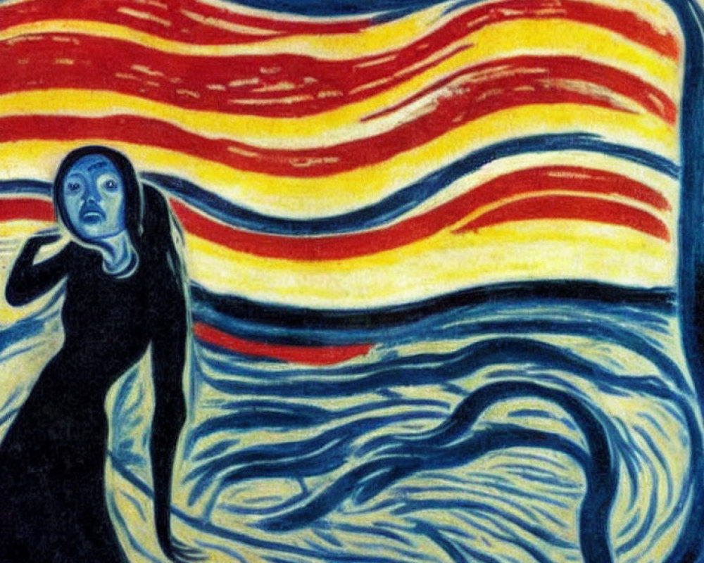 Shocked figure against swirling sky and fiery landscape