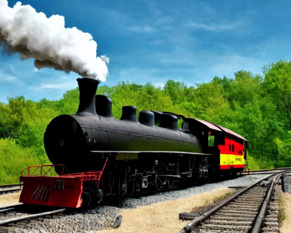 Vintage Black Steam Locomotive and Red Caboose Traveling Through Green Landscape