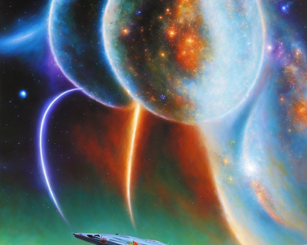 Colorful Sci-Fi Scene: Spaceships, Galaxies, Solar Flare