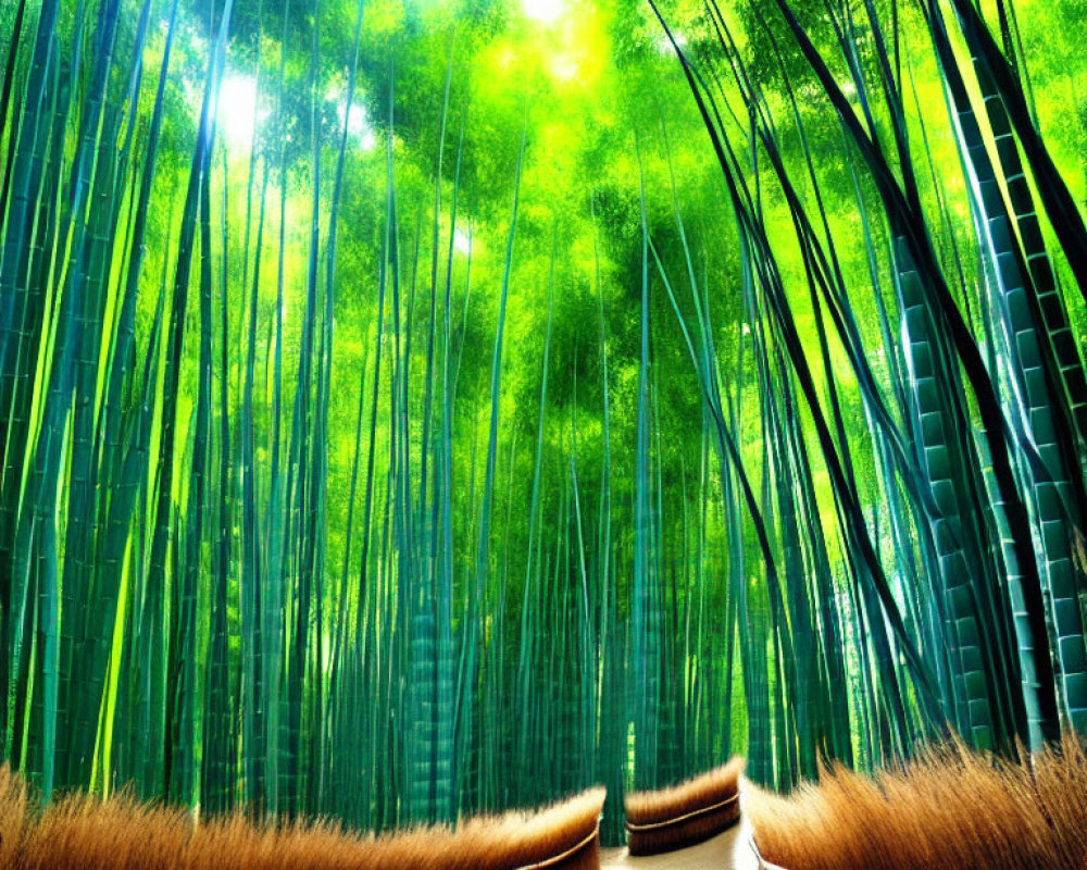 Serene Bamboo Forest with Winding Path and Sunlight Glow