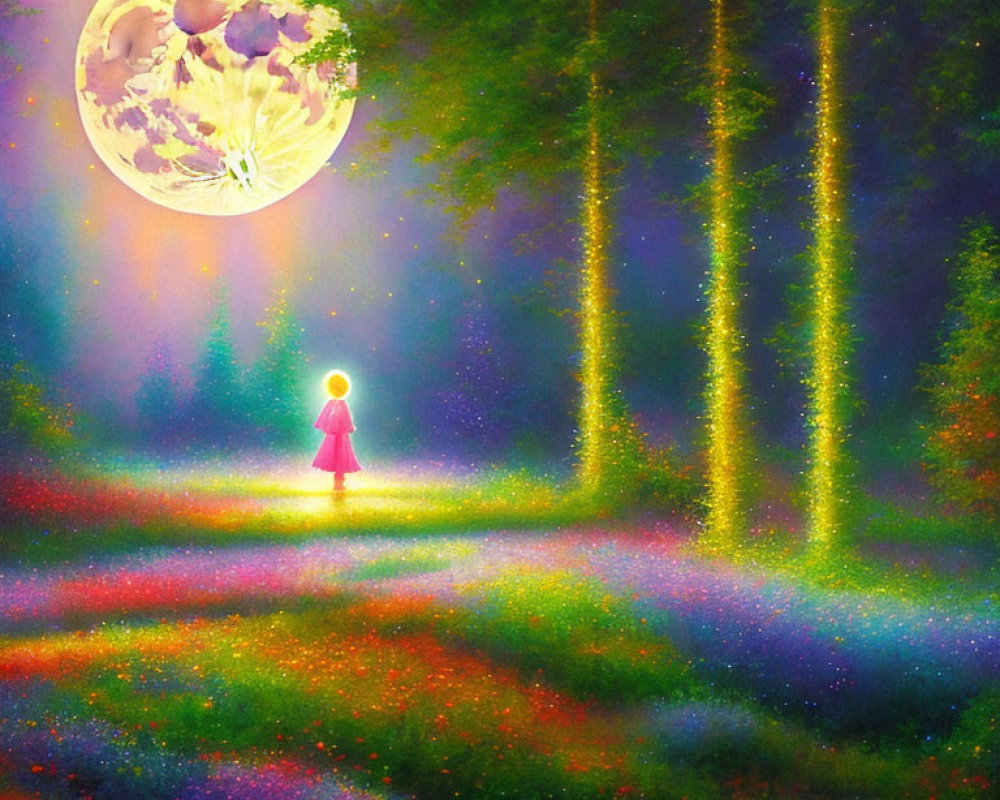 Colorful Fantasy Landscape with Full Moon and Pink Figure