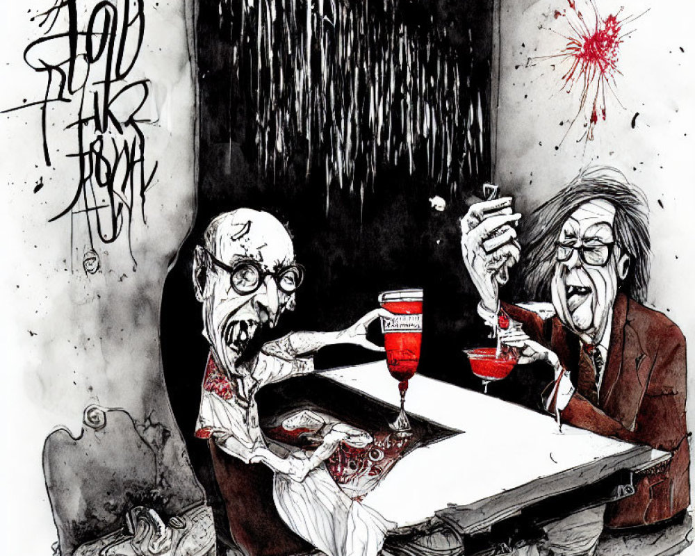 Grotesque caricatures in suits slicing wrist at table