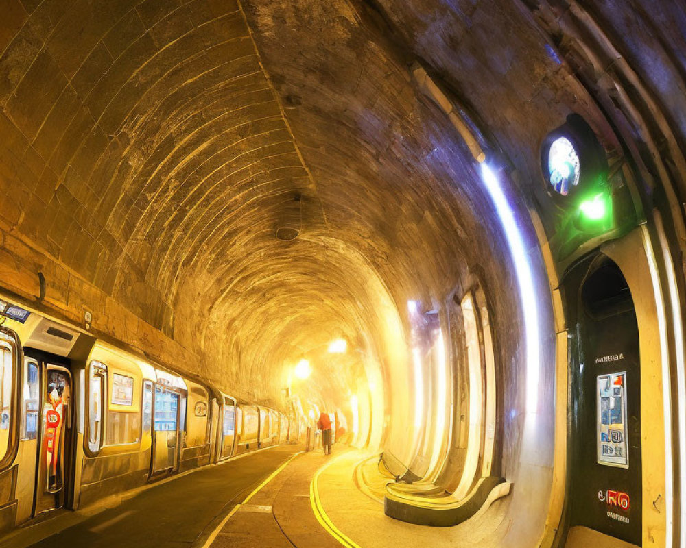 Curved subway station with orange lighting, train on platform, pedestrian on track path