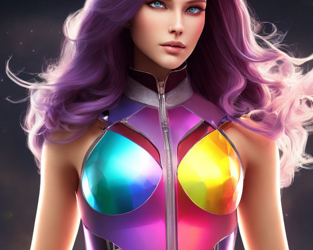 Digital Artwork: Woman with Purple Hair in Futuristic Iridescent Suit