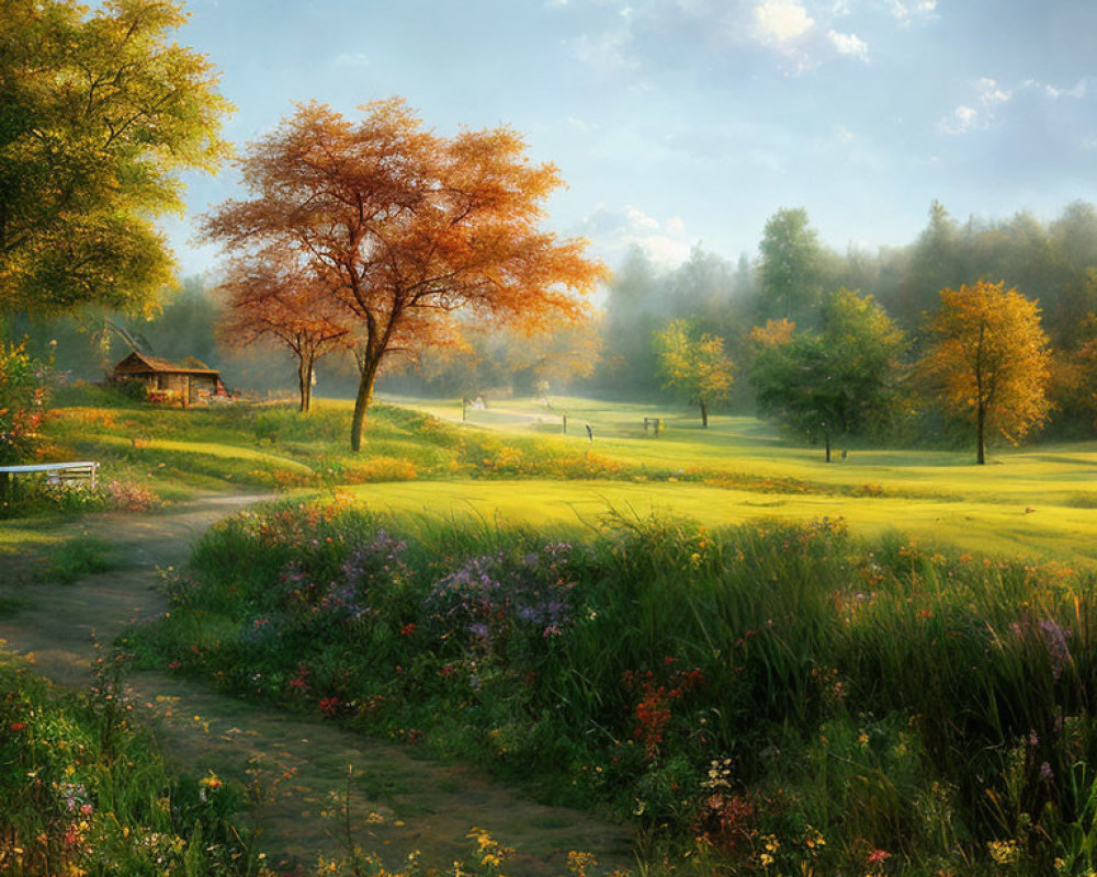 Tranquil sunset landscape with path to cottage, colorful trees, and flower meadow