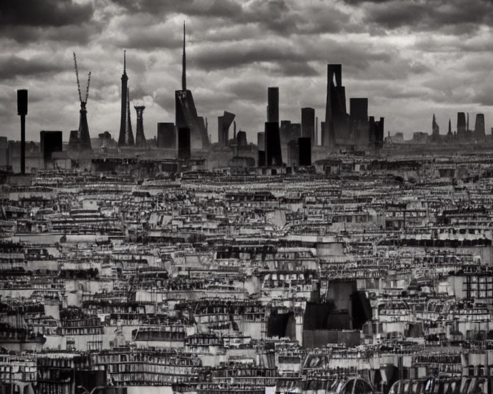 Monochrome cityscape with dense buildings and modern skyscrapers under cloudy sky