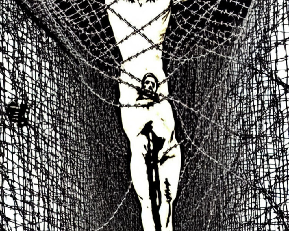 Artistic representation of two crucifixion-like figures on dark textured backdrop.