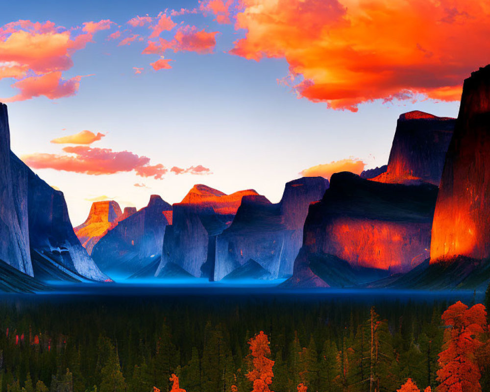 Scenic mountain valley sunset with orange clouds and dense forest