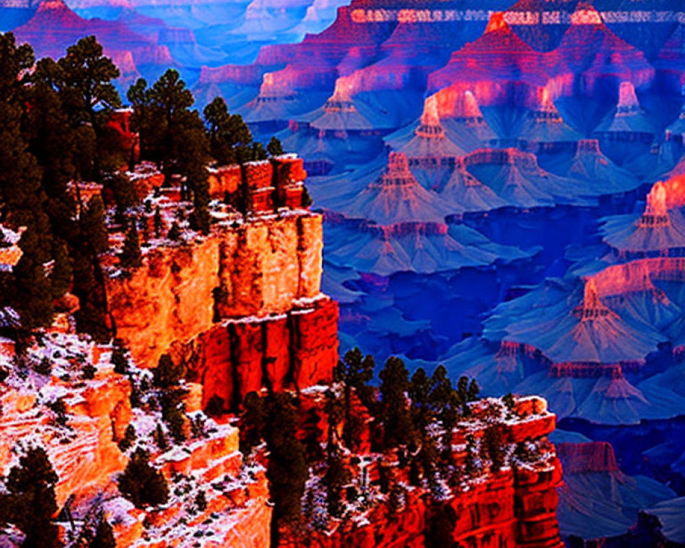 Grand Canyon landscape with orange and blue hues and snow-dusted edges at sunset