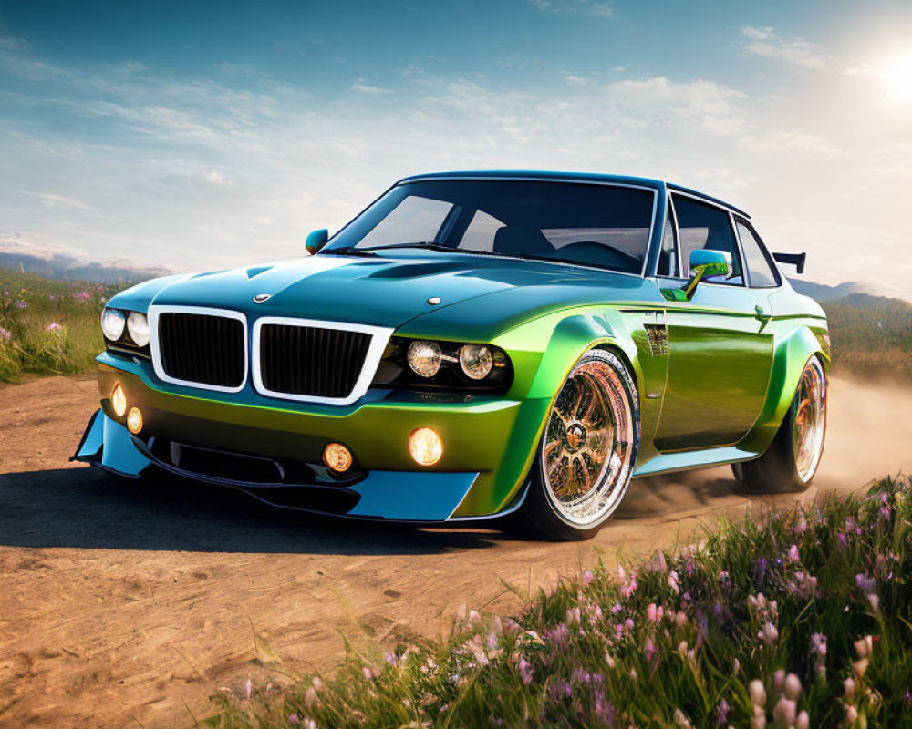 Vintage BMW car with chrome wheels, green and blue paint, parked in field with purple flowers.