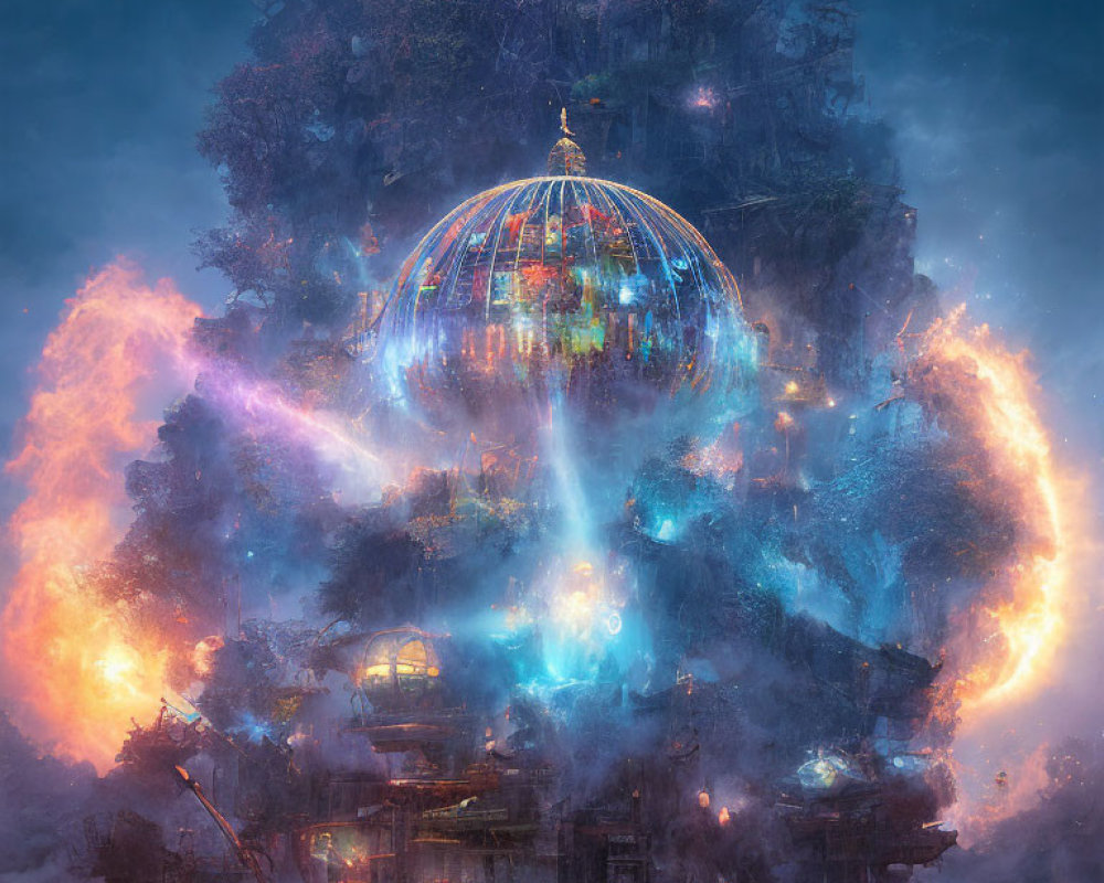 Mystical floating structure with glass dome and swirling energy in dark ambiance