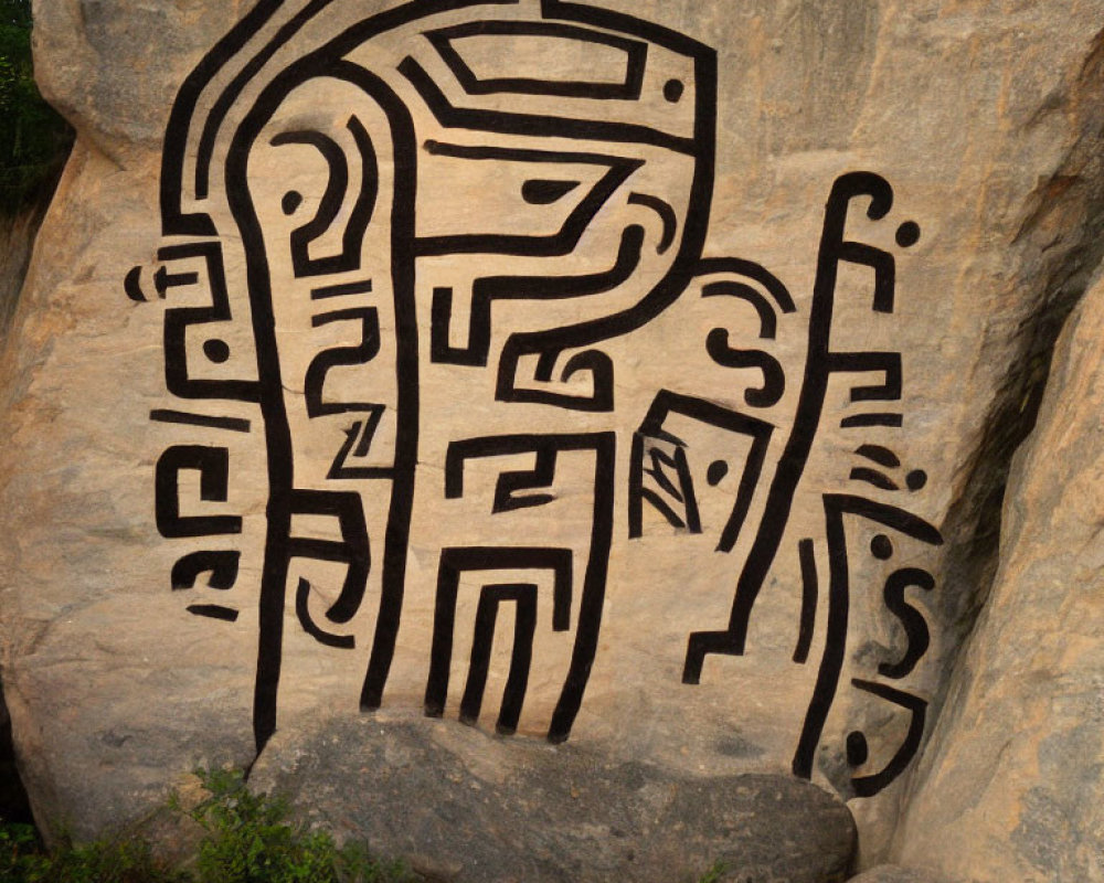 Detailed black line petroglyph on natural rock surface with green foliage